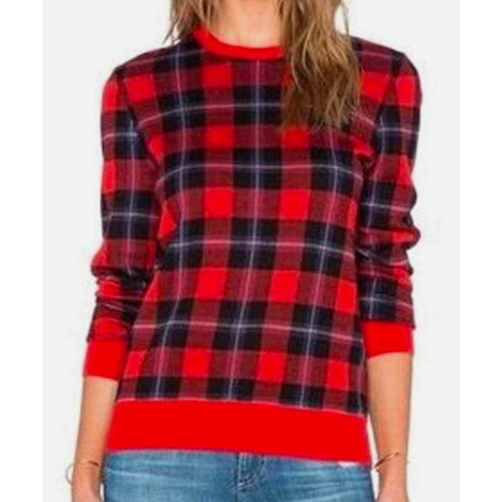 Equipment Intarsia Wool Plaid Red Long Sleeve Sweater Wool Crew Neck Small